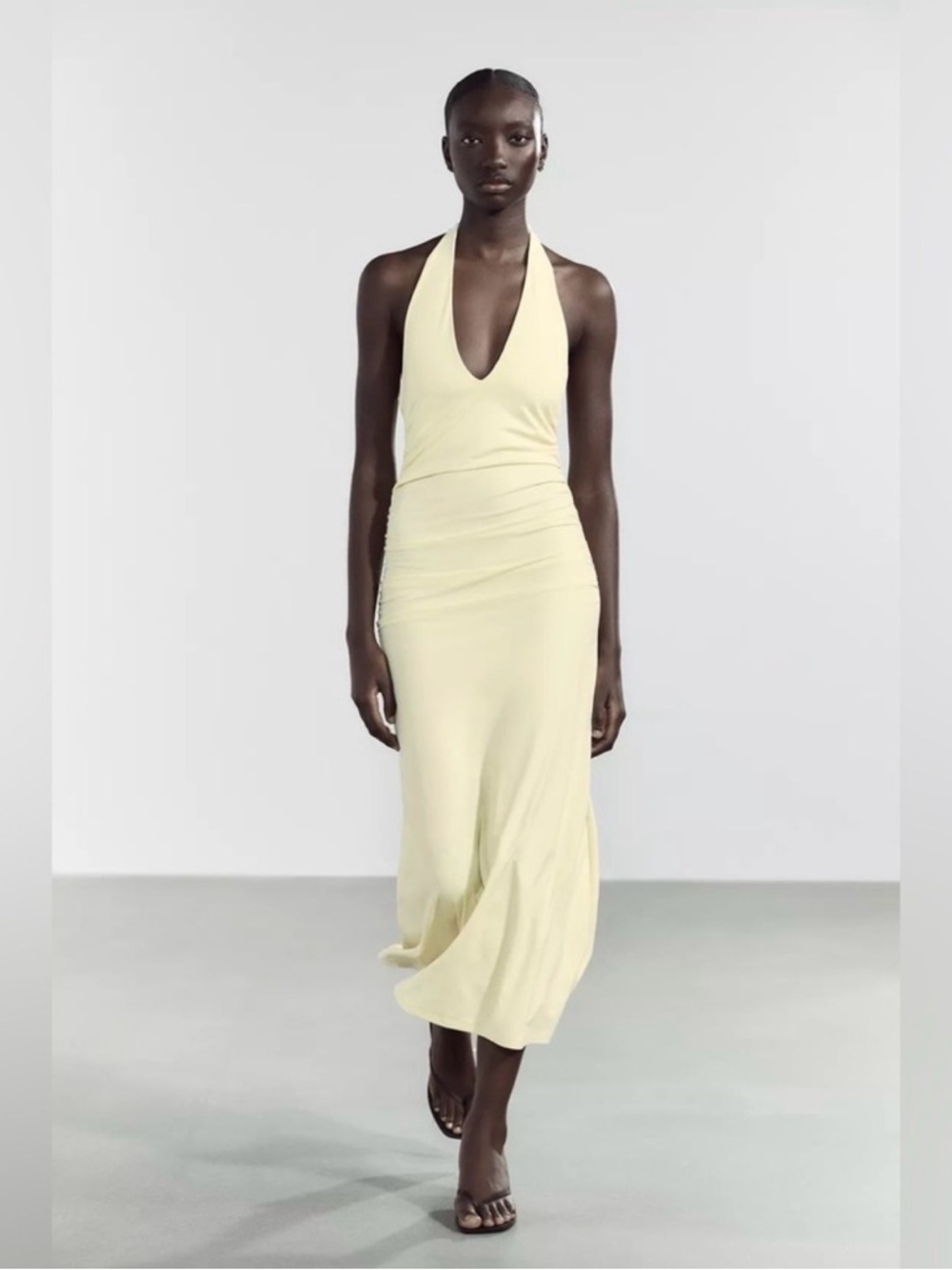 Zara Sleek Halter V-Neck Maxi Dress in Soft Yellow